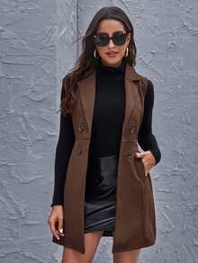 Blazer chaleco de cuello con solapa con botones - Café integral - Ver 5