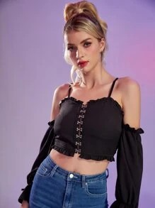 Hook And Eye Cold Shoulder Knot Cuff Blouse - Black - View 1