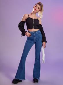 Hook And Eye Cold Shoulder Knot Cuff Blouse - Black - View 2