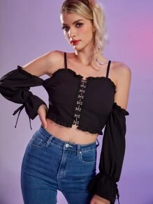 Hook And Eye Cold Shoulder Knot Cuff Blouse - Black - View 3