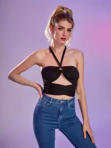 ROMWE Áo hai dây Lộ Lưng Cắt ra Buộc lại Thiên hà Gợi cảm - màu đen - Xem 1