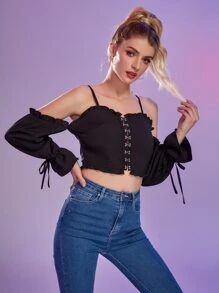 Hook And Eye Cold Shoulder Knot Cuff Blouse - Black - View 4