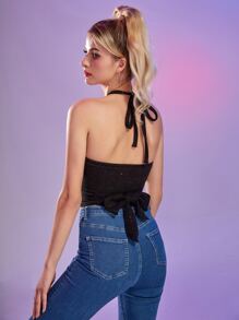 ROMWE Áo hai dây Lộ Lưng Cắt ra Buộc lại Thiên hà Gợi cảm - màu đen - Xem 2