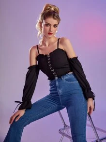 Hook And Eye Cold Shoulder Knot Cuff Blouse - Black - View 5