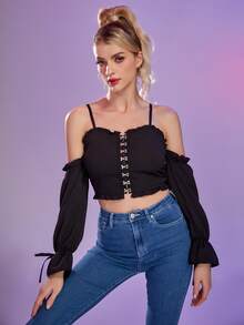 Hook And Eye Cold Shoulder Knot Cuff Blouse - Black - View 6