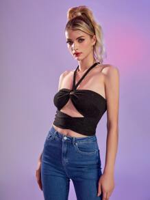 ROMWE Áo hai dây Lộ Lưng Cắt ra Buộc lại Thiên hà Gợi cảm - màu đen - Xem 4