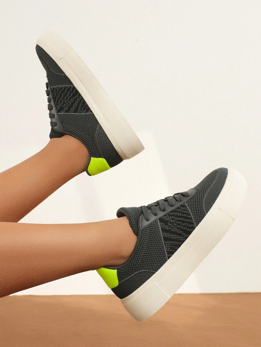 CUCCOO BASICS Lace-up Front Knit Sneakers - Black - View 1