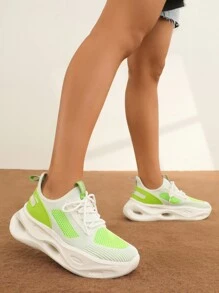 CUCCOO BASICS Colorblock Lace Up Front Hollow Out Chunky Sneakers - Lime Green - View 4