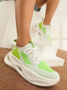 CUCCOO BASICS Colorblock Lace Up Front Hollow Out Chunky Sneakers - Lime Green - View 3