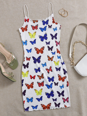 Vestido ajustado de tirantes con estampado de mariposa ribete en forma de lechuga