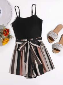 SHEIN VCAY Plus Striped Paneled Self Belted Cami Romper