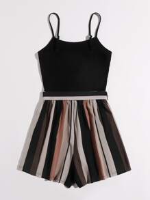 SHEIN VCAY Plus Striped Paneled Self Belted Cami Romper