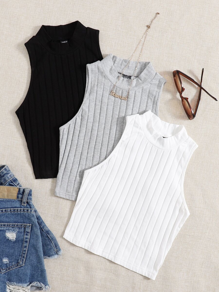SHEIN EZwear 3 Packs Mock Neck Rib-Knit Summer Outfits Tank Top