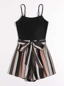 SHEIN VCAY Plus Striped Paneled Self Belted Cami Romper