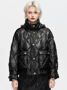 ZIAI Áo khoác nữ mùa đông Túi Nút phía trước màu trơn Hấp dẫn - màu đen - Xem 1