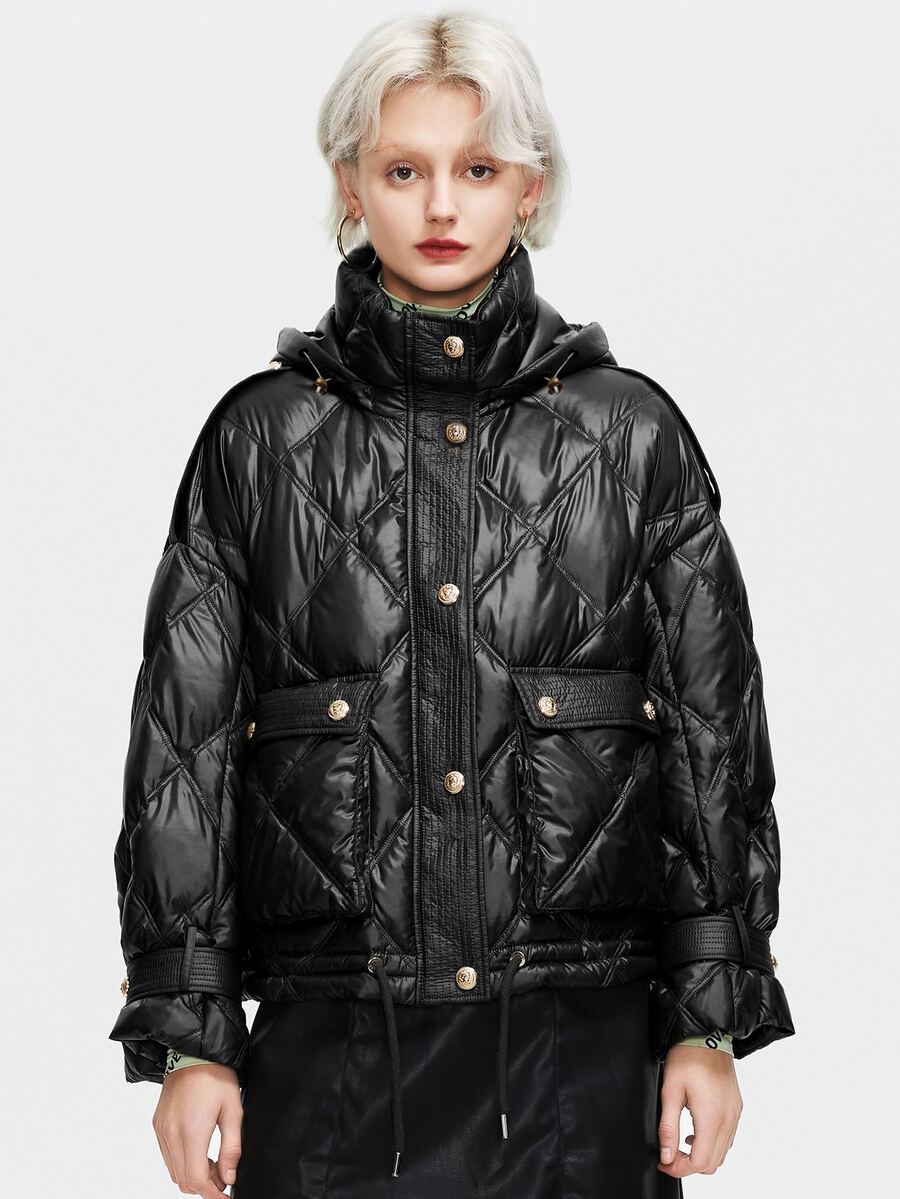 ZIAI Áo khoác nữ mùa đông Túi Nút phía trước màu trơn Hấp dẫn - màu đen - Xem 1