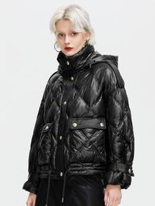 ZIAI Áo khoác nữ mùa đông Túi Nút phía trước màu trơn Hấp dẫn - màu đen - Xem 3