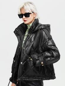 ZIAI Áo khoác nữ mùa đông Túi Nút phía trước màu trơn Hấp dẫn - màu đen - Xem 4