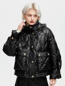 ZIAI Áo khoác nữ mùa đông Túi Nút phía trước màu trơn Hấp dẫn - màu đen - Xem 5