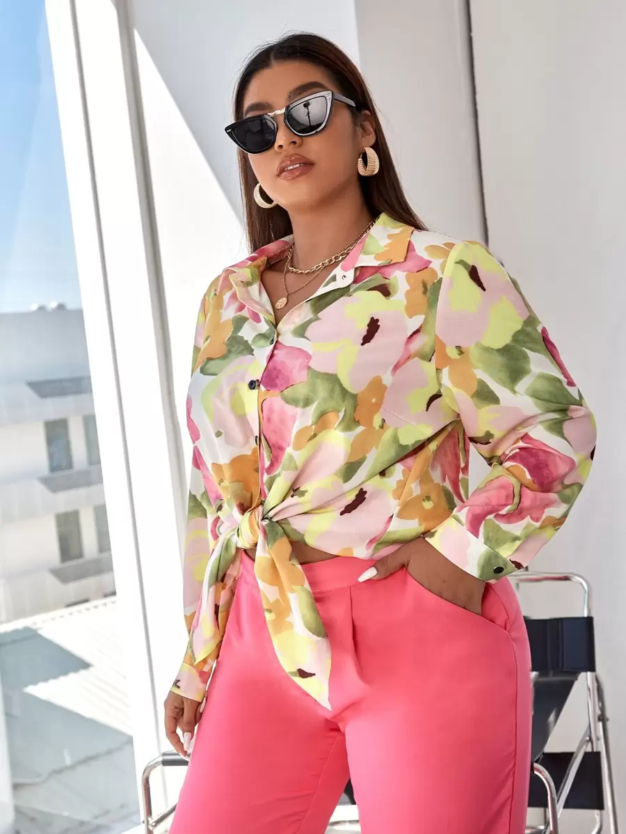 SHEIN Holidaya Plus Allover Floral Print Button Through Shirt - Multicolor - View 1