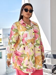 SHEIN Holidaya Plus Allover Floral Print Button Through Shirt - Multicolor - View 4
