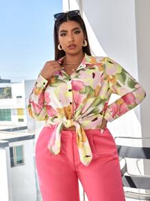SHEIN Holidaya Plus Allover Floral Print Button Through Shirt - Multicolor - View 3