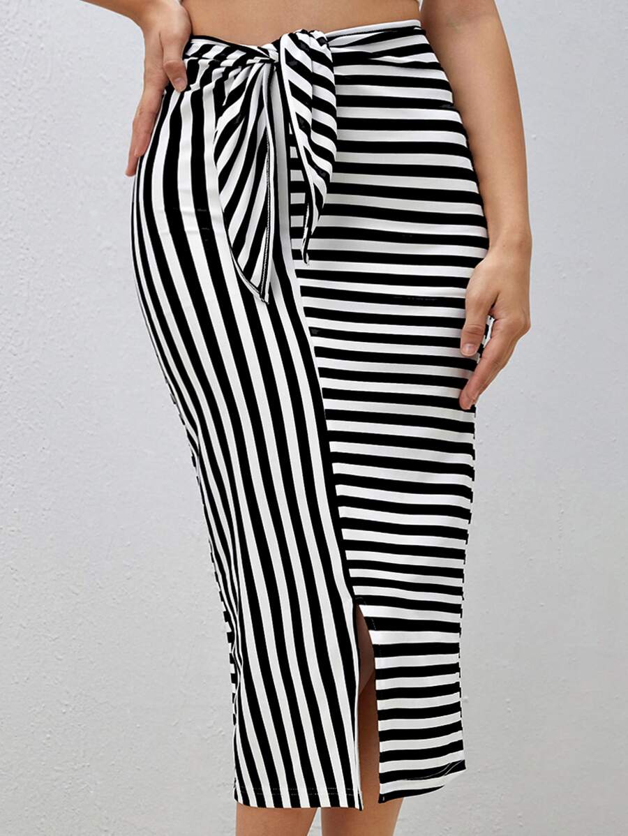 SHEIN Privé Váy nữ Thắt nút Chia Thắt nơ trước Sọc Thanh lịch - Đen và trắng - Xem 1