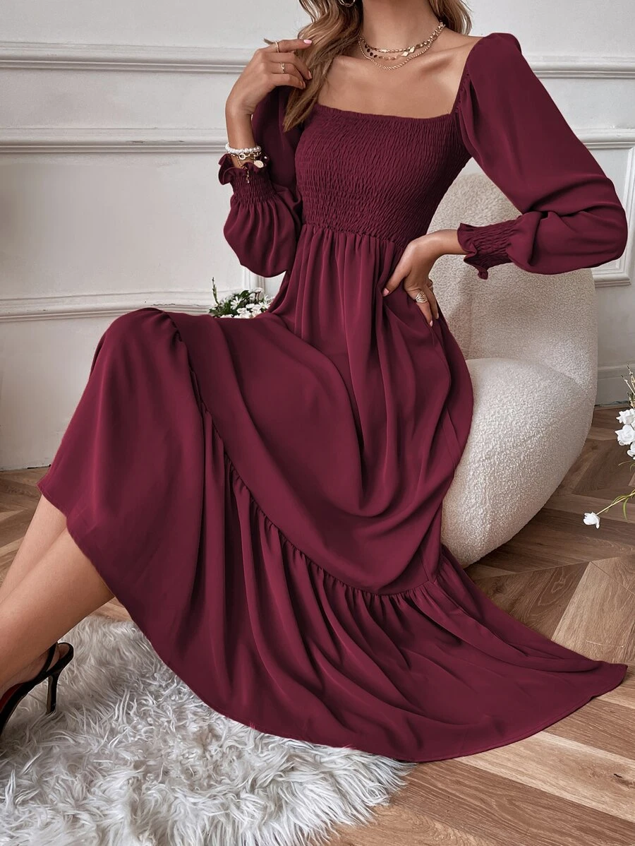 Chiquease Square Neck Shirred Ruffle Hem Dress Maxi Women Outfit Fall Cloth For Women - Maroon - View 1