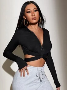 SHEIN SXY Solid Zip Up Crop Hooded Jacket In Fall/Winter - Black - View 3