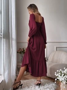 Chiquease Square Neck Shirred Ruffle Hem Dress Maxi Women Outfit Fall Cloth For Women - Maroon - View 2