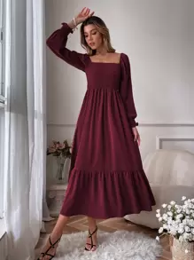 Chiquease Square Neck Shirred Ruffle Hem Dress Maxi Women Outfit Fall Cloth For Women - Maroon - View 3