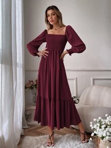 Chiquease Square Neck Shirred Ruffle Hem Dress Maxi Women Outfit Fall Cloth For Women - Maroon - View 4