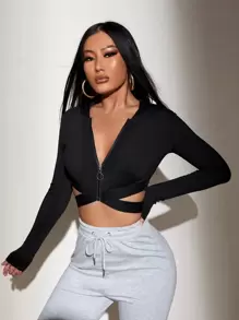 SHEIN SXY Solid Zip Up Crop Hooded Jacket In Fall/Winter - Black - View 5