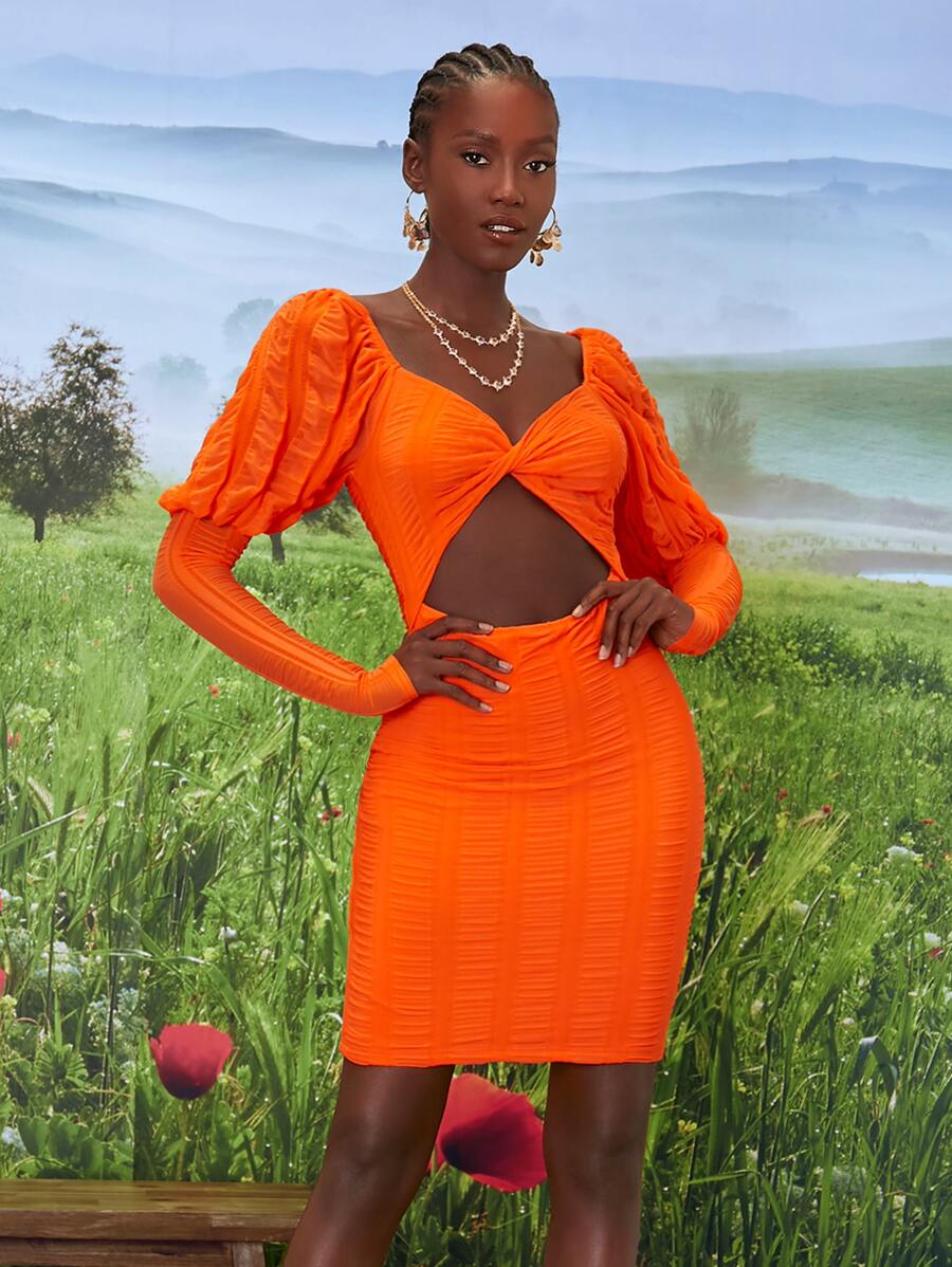 SHEINNeu 熒光橙前扭結鏤空緊身洋裝 - 橘色 - 查看 1