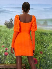 SHEINNeu 熒光橙前扭結鏤空緊身洋裝 - 橘色 - 查看 2