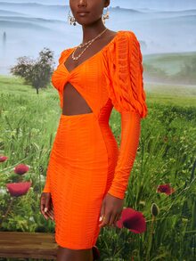 SHEINNeu 熒光橙前扭結鏤空緊身洋裝 - 橘色 - 查看 3
