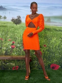 SHEINNeu 熒光橙前扭結鏤空緊身洋裝 - 橘色 - 查看 4