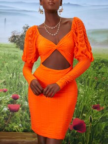 SHEINNeu 熒光橙前扭結鏤空緊身洋裝 - 橘色 - 查看 5