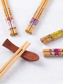 5 双卡通字母图案筷子，木制日式筷子，适合家庭学校用品、圣诞礼物 - 杏色 - 查看 3