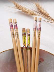 5 双卡通字母图案筷子，木制日式筷子，适合家庭学校用品、圣诞礼物 - 杏色 - 查看 4