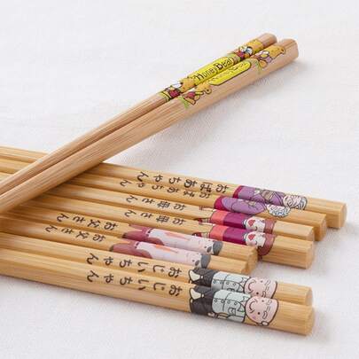 5 双卡通字母图案筷子，木制日式筷子，适合家庭学校用品、圣诞礼物