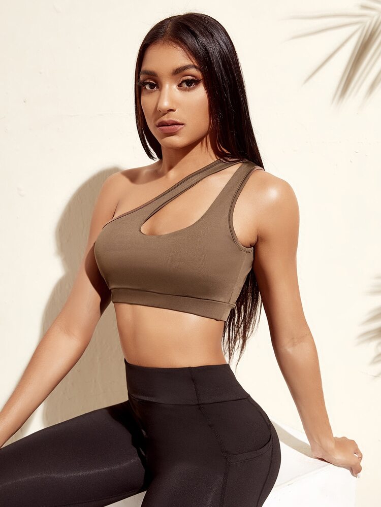 Medium Support  One Shoulder Cut Out Sports Bra - Mocha Brown - View 1