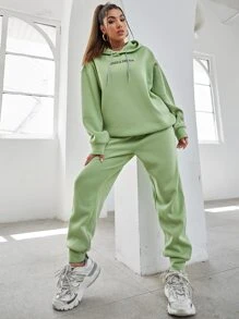 Flirla Letter Embroidery Drop Shoulder Hoodie & Sweatpants