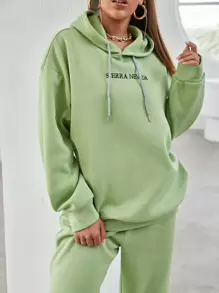 Flirla Letter Embroidery Drop Shoulder Hoodie & Sweatpants