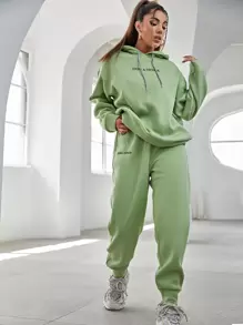 Flirla Letter Embroidery Drop Shoulder Hoodie & Sweatpants