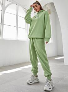 Flirla Letter Embroidery Drop Shoulder Hoodie & Sweatpants