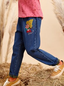 女孩卡通刺繡直筒濃烈香調內襯牛仔褲 - 深色水洗藍 - 查看 1