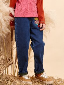 女孩卡通刺繡直筒濃烈香調內襯牛仔褲 - 深色水洗藍 - 查看 4