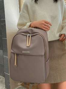 Mochila con cremallera delantera de capacidad grande - Caqui - Ver 4