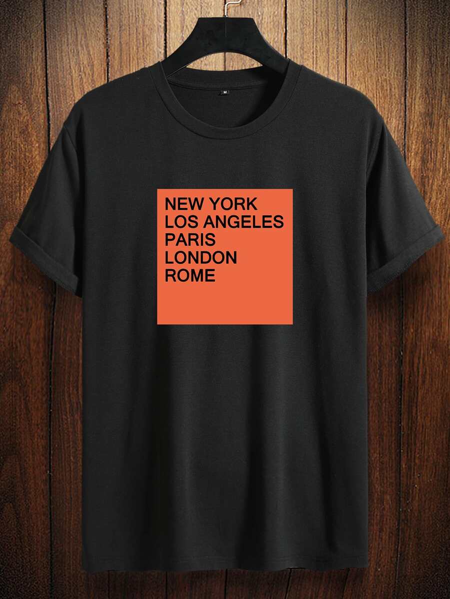 Manfinity Tops Nam Khối Màu Slogan Giải trí - màu đen - Xem 1